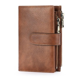 GOIACII Women's Vintage Leather Wallet, RFID Blocking Large and Long Format Purse with 11 Card Slots and Change Compartment, B01 Brown, Vintage