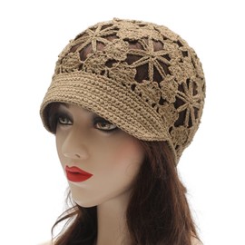 ZLYC Women Summer Slouchy Crochet Hat Handmade Cutout Knit Skull Cap with Visor (Plain Khaki)