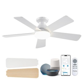 Passky Ceiling Fans with Lights, 42 Inch Smart Ceiling Fan with Remote/APP/Alexa Control, Flush Mount, Reversible, 3CCT, Dimmable, Quiet, White Small Ceiling Fan for Bedroom Indoor/Outdoor Use