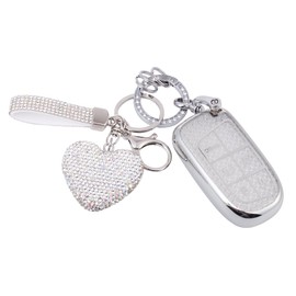 Key Fob Cover Case Shell Keychain for Jeep Grand Cherokee Compass Wrangler Renegade Dodge Durango Charger Challenger Dart Journey Chrysler Accessory Accessories Bling Girly Women, Silver White, TPU