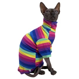 Vintage Stripes Sphynx Hairless Cats Shirt Cotton Cat Turtleneck Pet Clothes Kitten T-Shirts with Sleeves for Sphynx Cornish Rex, Devon Rex, Peterbald (Rainbow Stripe, Medium (Pack of 1))