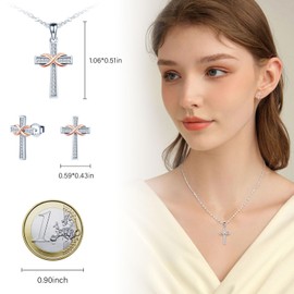 MICMIF Jewellery Cross Women's Earrings Necklace Jewellery Set 925 Sterling Silver Sparkling Zircon Cross Pendant with Infinity Symbol Chain and Stud Earrings Set for Women Girls, Sterling Silver Rose
