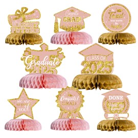 8 PCS 2025 Pink Congrats Grad Honeycomb Centerpieces Graduation Party Decorations CongratulateTable Toppers for Party Supplies Class(Pink Gold)