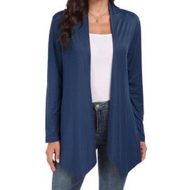 QIXING Lightweight Cardigan Women's Long Thin Jacket Women's Elegant Cardigan with Pockets with Soft Draped Ruffles, 03 Navy