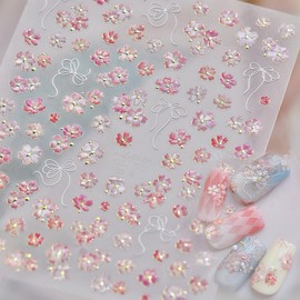 5D Embossed Pink Flower Nail Stickers Self-Adhesive Spring Summer Nail Art Stickers White Bow with Cherry Blossoms Gold Glitter Design Nail Art Supplies Floral Nail Decals for Women Acrylic Nails