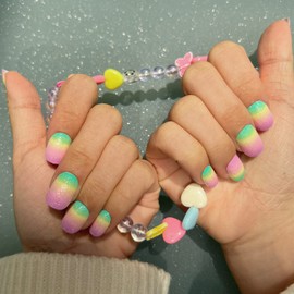 MISUD Rainbow Press on Nails For Kids Pre-glue Children Fake Nails Short Girls Nails Bling Glitter Glue on Nails Gradient Pink Stick on False Nails for Teens Gift 6-10 year 24 pcs