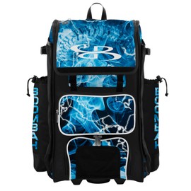 Boombah Rolling Catchers Superpack Bat Bag - 23-1/2" x 13-1/2" x 9-1/2" - Telescopic Handle - Holds 4 Bats - Wheeled Version - The Natural 3 Black/White/Columbia Blue