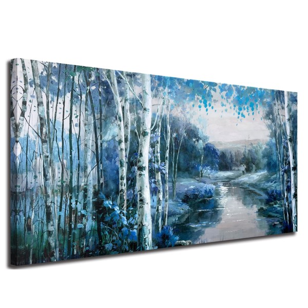 Arjun Birch Tree Wall Art Canvas Blue Landscape Nature Forest Painting Teal Mountain River Fall Picture, Extra Large 60"x30" Artwork Textured Framed for Living Room Bedroom Home Office Wall Décor