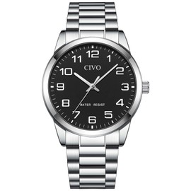 CIVO Mens Watches Waterproof Wristwatch: Designer Silver Stainless Steel Easy Read - Analogue Quartz Watches Men Black