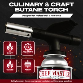 Chef's Torch, Kitchen Torch, Cooking Torch, Refillable Butane Torch Lighter w/ Adjustable Flame for Searing Steaks, Creme Brulee, Desserts, BBQ, Baking, Craft by Chef Master 90014(Butane Not Included)