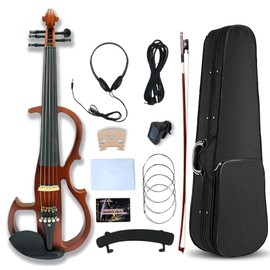 Vetimobato Electric Violin 4/4 Full Size Solid Wood Silent Violin Set for Adults Beginner Practice Electric Fiddle with Ebony Fittings Hard Case & Bow(5 String Imitation Rosewood)