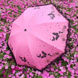 Maibar Umbrella UV Proof Sun Parasol Small Lightweight Butterfly Lace Folding Umbrellas 210T Parasols Waterproof 8 Bones for Lady Women Umbrella in Summer (Rose red)