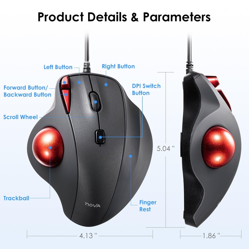 SANWA Wired Ergonomic Trackball Mouse, Optical Rollerball Mice, Programmable Silent