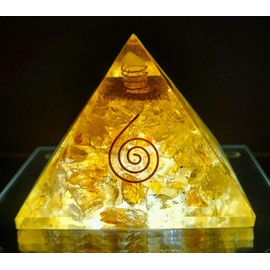 2.8" Golden Citrine Orgonite Orgone Pyramid Positive Energy Reiki Charged Generator Metaphysical Healing Meditation Gemstone Crystal Mineral Copper Coil w/Quartz Specimen
