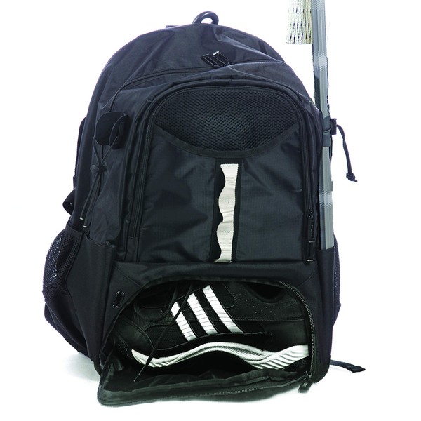 Athletico Turf Lacrosse Bag - Extra Large Lacrosse Backpack - Holds All Lacrosse or Field Hockey Equipment - Two Stick Holders and Separate Cleats Compartment (Black)