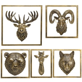 JJALIGHTS Animal Heads Wall Decor Resin Animals Sculptures Head Wall Hanging Decoration Imitation Copper vintage Wall Sculpture for Living Room Bedroom Office(5pcs,Includes Metal Frame)