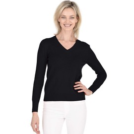 Cashmeren Women’s Essential Knit V-Neck Sweater 100% Merino Wool Long Sleeve Classic Pullover (Black, X-Large)