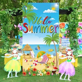 KYMY Hello Summer Door Cover Banner, Summer Floral Tropical Hawaiian Backdrop Sign with 70.8"X35.4", Seaside Beach Supplies for Summer Party Decororations