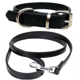 Vibrant Leather Dog Collar & Lead Combo Set for Puppy, Dogs Small, Medium & Large (X-Small (20cm - 26cm Neck), Black)