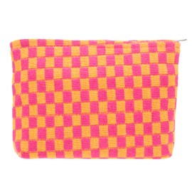 PAZIMIIK PAZIMIIK Knitted Checkered Makeup Bag Large Zipper Make Up Accessory Pouch for Purse Cosmetic Brush Bag for Travel Red Orange