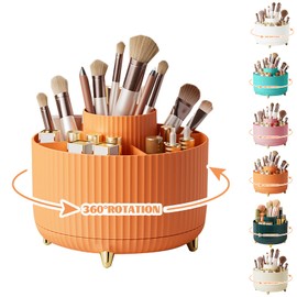 360° Rotating Makeup Organiser, Make Up Brush Holder with 5 Compartments, Desk Storage Container for Bedroom Dressing Table Cosmetics Organizer, Office Stationery Storage, Desktop Pen Holders (Orange)