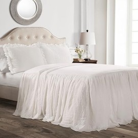 TRP 3 Piece Lightweight Shabby Chic Style Quilted Bedspread Cal.King Size with Pretty Ruffled Drop Design | All Seasons Farmhouse Bedding Ivory Cream White Color Aesthetic Look Soft Plush Cozy Feel