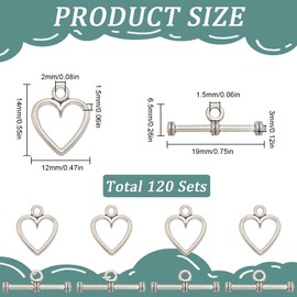SOFPLATE 1 Box 120 Sets Heart Toggle Clasp Silver Toggle Bracelet Clasps Bulk Tibetan Style Alloy T-bar Closure Jewelry Clasp Connectors for Jewelry Making Pendants Bracelet Necklace Earring DIY Craft