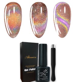 AHAMIOU Cat Eye Gel Nail Polish, Rainbow Holographic Cat Eye Gel Nail Polish Sliver Cat Eye Gel Nail Polish Magnetic Gel Polish with Rainbow Holographic Shine Effect One Magnetic Stick (Golden)