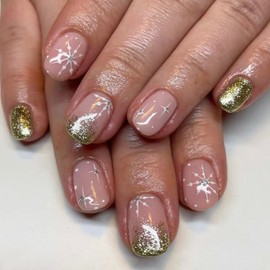 Christmas Gold Glitter Press on Nails Short Fake Nails with Snowflake Star Designs Short Christmas Nails Glue on Stick on Nails Gold Glitter Pink Acrylic Full Cover Xmas False Nails for Women 24PCS