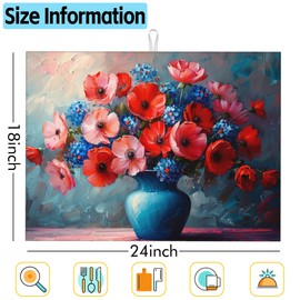 Large Dish Drying Mat for Kitchen Counter,18"X24" Red and Blue Flowers in vase Super Absorbent Reversible Microfiber Dish Drying Mat Dish Drainer Mat Drying Pad for Kitchen Countertop Coffee Bar