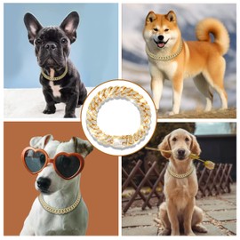 Diamond Cuban Style Dog Chain Collar Bling Gold Walking Necklace with Safety Lock Pet Jewelry for Small Medium Large Dogs Cats(Glod 10inch)