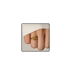 LIU JUN Gold Signet Rings For Women Men, 18k Gold Plated Chunky Summer Solstice Originality Ring Engrave Leaf Sun Goddess Stainless Steel Personality Gift Jewelry (Summer Solstice Gold 7)