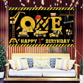 LOONELO Construction Theme Banner 1st Birthday Party Photography Backdrop, Dump Truck Background Decorations, Yellow Black Excavator Crane Digger 1 Year Old Poster Sign