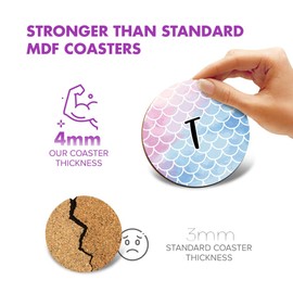 1 x Round Coaster - Letter T Mermaid Scales Fish Sea Lettering Name Initial Cork Backed MDF Glossy Tea Coffee Accessory #277620