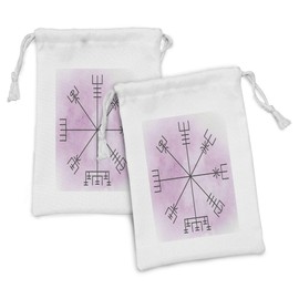 Lunarable Bohemian Fabric Pouch Set of 2, Pastel Colored Magic Navigation Compass of Vikings from Historic Period Print, Small Drawstring Bag for Toiletries Masks and Favors, 9" x 6", Black and Pink