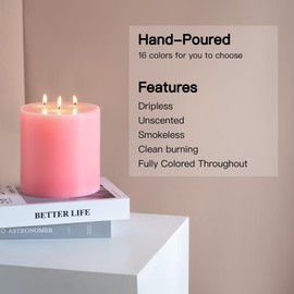 MOZEAL Extra Large 3 Wick Pink Pillar Candle, 6" x 6", Unscented, Dripless, Smokeless, and Clean-Burning. Approx. 120 Hours of Burn Time. Perfect for Weddings, Dinners, Christmas and Home Decor
