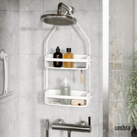 Umbra Flex Hanging Shower Caddy with 2 Shelves, Bathtub Shelf and Bathroom Organizer, White