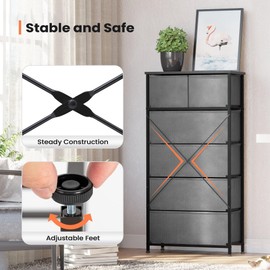 Dresser Storage Tower with Drawers, Fabric Tall Dresser Drawer for Bedroom, Office, Entryway, Living Room and Closet- Sturdy Steel Frame, Easy Pull Bins & Wooden Top