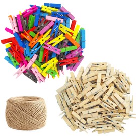 SourceTon 150pcs Natural Wood Jute Twine Mini Clothes Pegs Photo Paper Craft Pegs Jute Twine - 320 meters for Home Art Decoration