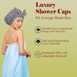 Shower Cap for Women, Shower Hat, Waterproof Reusable Shower Caps, Waterproof Hair Shower Caps for Long, for Both Men Women, Silky Sleep Bathing Cap for Long Curly Hair, Design Black Dots