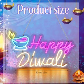 Glooglitter Diwali Neon Sign Festival Oil Lamp Shape LED Light Signs Backdrop Decorations for Home Neon Signs for Wall Room Bedroom Decor (Happy Diwali)
