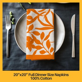 ONE Napkin Premium Cloth Napkins in Figi Floral in Orange Print | 20"x20" Cotton Dinner Table Napkins | Elegant, Sustainable, Machine Washable Table Linens | Set of 4
