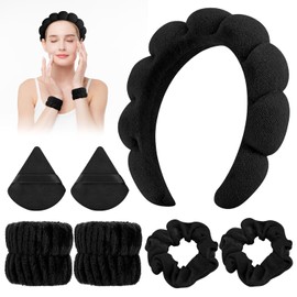 TXG Diademas para Cabello Mujer, Juego de 7 Diadezmas y Muñequeras de Spa, Muñequeras Skincare para Ducharse, Diadema de Maquillaje, Lavarse, Desmaquillaje (Negro, Estándar)
