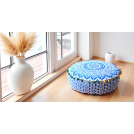 CRAFT KALA 16" Round Large Hippie Mandala Meditation Floor Ottoman Pillow Cushion Pouf Cover Square Poufs Bohemian Circle Floor Cushion Case Outdoor Fireplace Yoga Living Room Decor Cover Blue Ombre