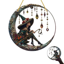 Sun Catchers For Windows Witchy Gifts For Women Gothic Gifts The Witch Gifts Moon & Witch Ornaments Gothic Stained Glass Window Decorations Suncatcher (20 * 20cm)