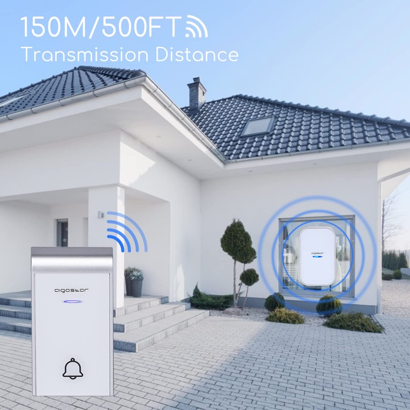 Aigostar doorbell, waterproof portable wireless bell set, doorbell kit, wireless