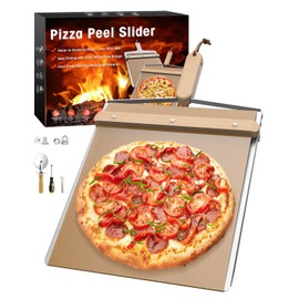 Sliding Pizza Peel,Pizza Peel 12 Inch,Non Stick Pizza Peel Slider with Wood Handle Detachable Transfers Pizza Pie,304 Stainless Steel Metal Pizza Peel 14.9" x 12.6" Pizza Board
