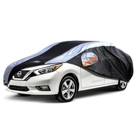 Versa - Funda impermeable para coche para todo tipo de clima con diseño de tira plateada, ajuste personalizado para Versa 20012-2025, accesorio Versa con cierre de puerta y correas resistentes al