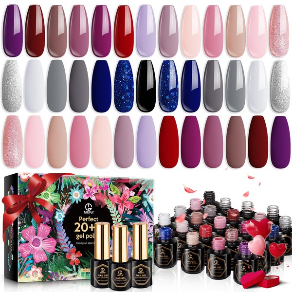 MEFA Gel Nail Polish Kit 23 Pcs, 20 Spring Colors Pink Red Glitter Blue Valentine Nail Gel Set Modern Muse Collection with Glossy & Matte Top and Base Coat Starters Nails Art Manicure DIY Home Gifts