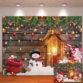 Christmas Snow Wood Floor Photo Backgrounds Winter Snowman Santa Gift Photography Backdrop for Family Holiday Party Portrait Photo Studio Props Banner 5x3ft